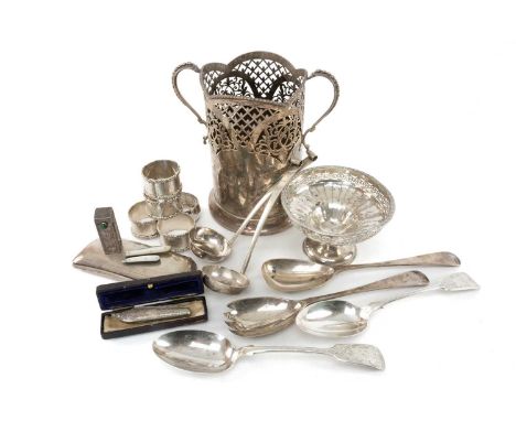 GROUP OF ASSORTED SILVER including pierced bottle coaster, twin handles, turned wooden base, set of four silver napkin rings 