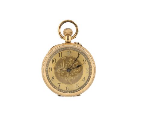 SWISS 14CT GOLD FOB WATCH, floral engraved double textured dial printed with Arabic numerals, blued steel hands, floral chase