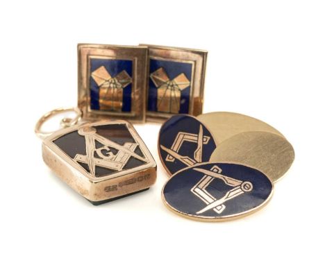 MASONIC JEWELLERY comprising two pairs of 9ct gold and enamel cufflinks and a bloodstone and carnelian pendant, 21.4gms gross