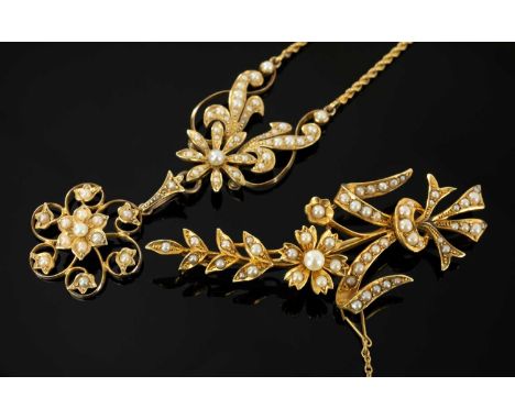 15CT GOLD SEED PEARL BAR BROOCH of flower design, 7.5gms, together with similar 18ct gold drop pendant necklace, 10.7gms, (2)