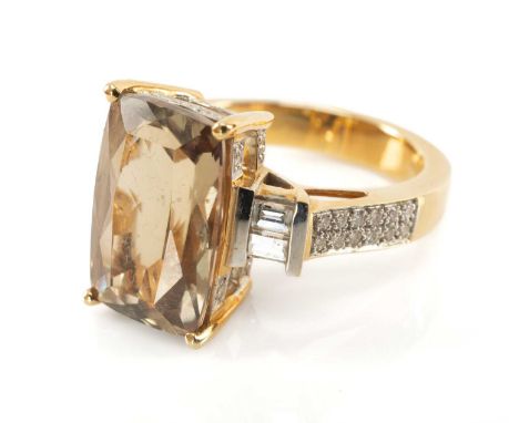 18CT ZULTANITE & DIAMOND RING, rectangular radiant cut stone 14.8 x 10mm, with 4 baguette and 42 round brilliant cut diamonds