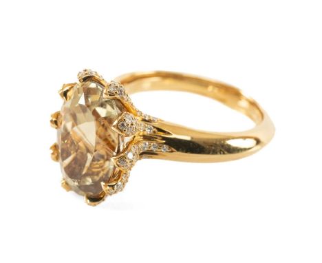 KAT FLORENCE 18K ZULTANITE & DIAMOND RING, oval cut stone in diamond set claws, the foot of the pointed shank also set with d