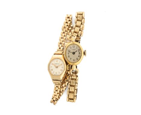 9CT GOLD LADIES WRISTWATCH, the dial marked 'Winegartens London E. C. 2', 9ct gold brick link bracelet, 15.9gms, together wit