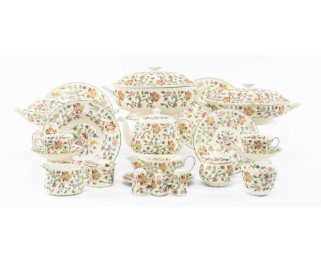 LARGE MINTON HADDON HALL (GREEN EDGE) PATTERN BONE CHINA DINNER SERVICE comprising, six dinner plates (27cms), six dessert pl