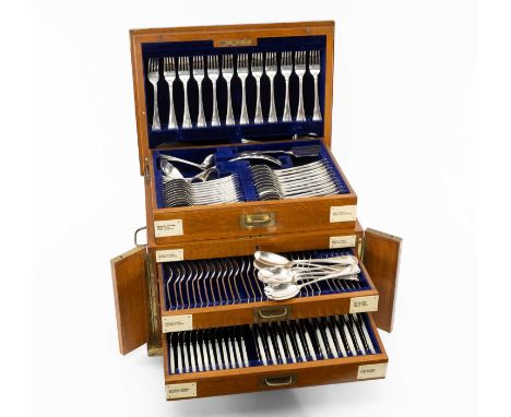 LARGE SILVER TABLE SERVICE FOR TWELVE, William Deakin, Sheffield 1912, Old English Thread pattern with 'EHM' monogrammed hand