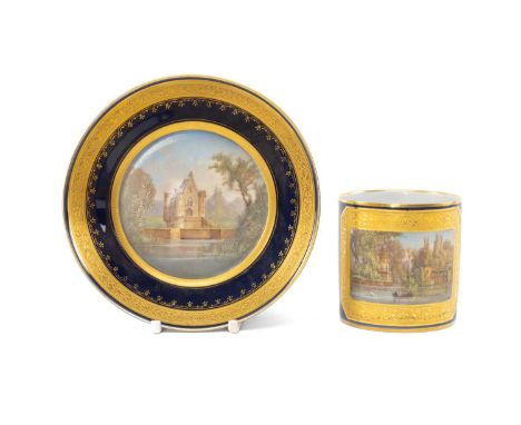 SEVRES-STYLE PORCELAIN CABINET CUP & STAND, probably Limoges, both painted with titled views 'Tour de Marlborough', and 'Chat