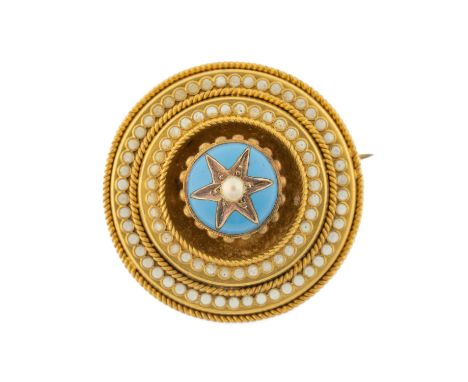 VICTORIAN YELLOW METAL SEED PEARL & ENAMEL TARGET / SHIELD BROOCH, of circular and domed form, 9.4gmsProvenance: private coll