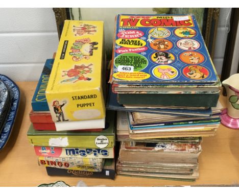 A collection of various children's games and annuals including a Pelham Puppet: Dutch Girl.