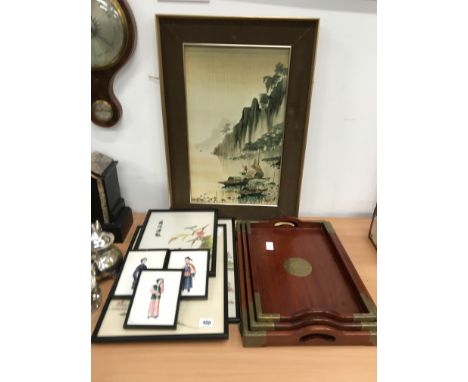 A set of three Chinese hand painted portrait framed and glazed miniatures together with three framed and glazed Chinese silk 