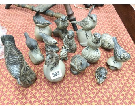 A collection of 14 various Poole Pottery Barbara Linley Adams stoneware birds and mice ornaments.