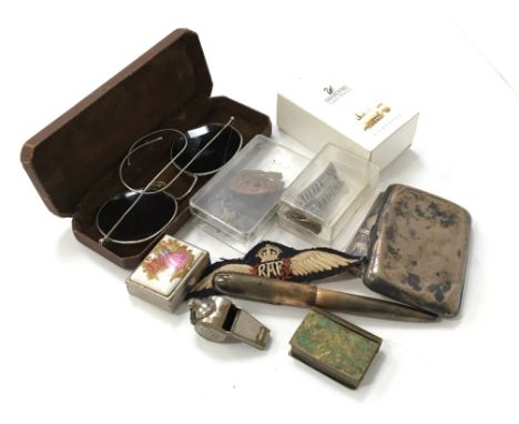 Various collectables including RAF cap badges, other badges, a Bidri cigarette lighter, an Eversharp silver metal cased fount