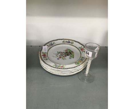 Six Copeland Spode Ironstone plates decorated in the Old Bow pattern for Harrods together with a twist stem wine glass.