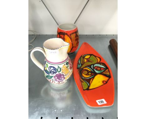 A Poole Pottery Delphis dish, shape 82, decorated in an abstract pattern together with a vase, shape 83 by Carol Cutler and a