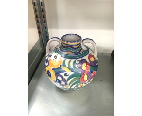 A red bodied Poole Pottery Carter Stabler Adams twin handled bulbous vase decorated in the YO pattern, shape 202, by Ruth Pav