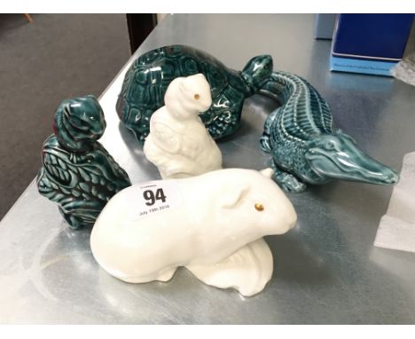 Two Poole Pottery bone china animal ornaments: Guinea Pig and Mouse on Wheat Ear together with three blue glazed Poole Potter