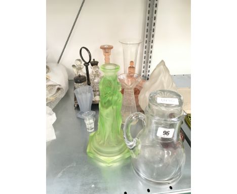 A collection of various glass items including an Art Deco opalescent pale green candlestick and a flower bowl with female fig