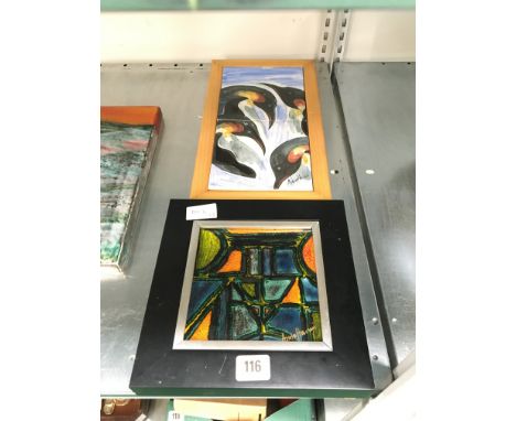 An Anita Harris (ex Poole Pottery) signed Delphis style square tile in black frame together with a two tile framed panel deco