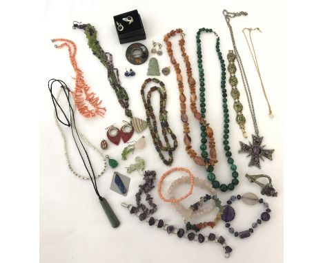 A quantity of natural stone necklaces, earrings, bracelets and brooches. To include: jade, coral, agate, amethyst, rose quart