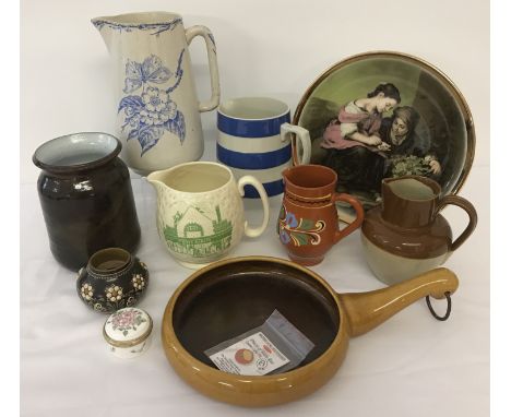 A box of assorted china and stoneware ceramic items to include jugs. Lot includes T.G. Green Cornish Kitchen jug.