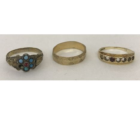 3 vintage gold rings suitable for scrap or repair. All hallmarked or test as 9ct. An eternity ring with 7 stones settings, 6 