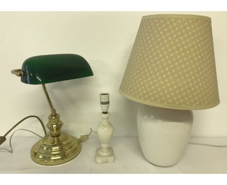 3 modern and vintage table/desk lamps to include a brass based bankers lamp with green glass shade.