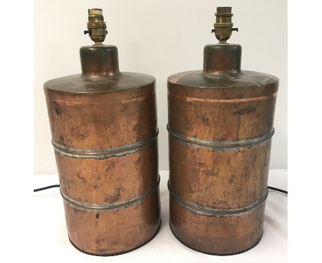 A pair of metal lamp bases made from Indian Tiffin pots. Each approx. 42cm tall inlcude fixings.