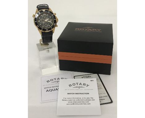 A men's Aquaspeed chronograph wristwatch by Rotary. Complete with instructions and box. Rose gold tone and black face with lu