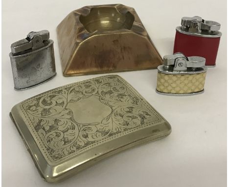 A small collection of vintage smoking related items. Comprising: engraved silver plated cigarette case, heavy brass ashtray, 