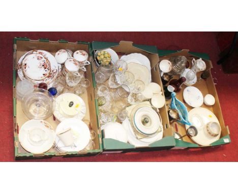 Three boxes of miscellaneous china and glassware, to include Edwardian part tea service, commemorative plates, blue glass vas