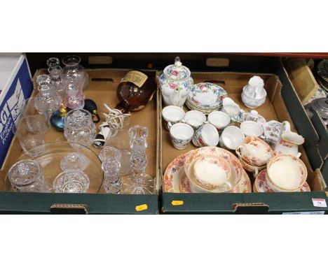 Two boxes of miscellaneous items, to include Isle of Wight style iridescent glass atomiser, Caithness pink tinted glass scent