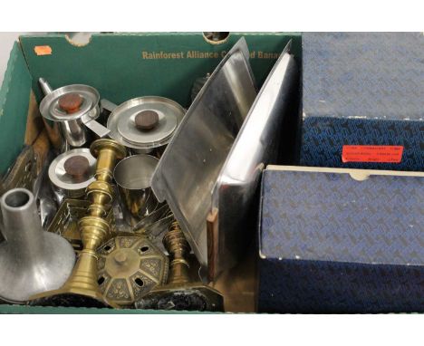 Two boxes containing a collection of various metalwares to include brass candlesticks, a brass model of a four faced buddha, 