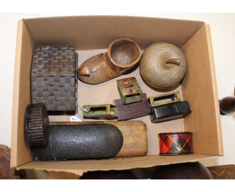 A collection of miscellaneous items to include a sock darning mushroom, carpet bowls, snuff box etc