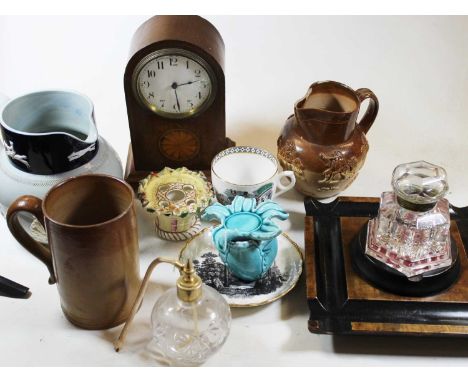 Four boxes containing a collection of various items to include an Edwardian mahogany mantel clock, a harvest ware jug and a b