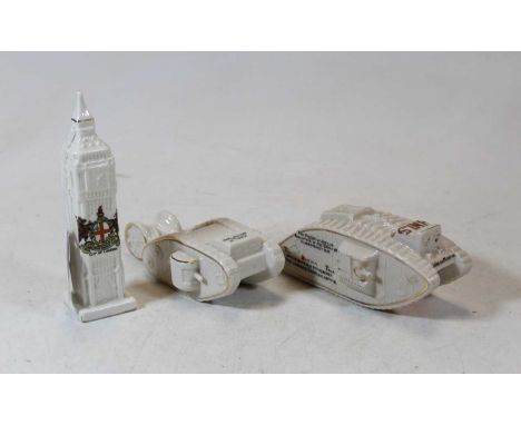 Three pieces of crested cabinet china, to include a model of a British tank with crest for Skegness, registration 658 588; on