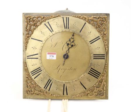 A 19th century long case clock movement, having an 11" square brass dial, the centre signed S Coxall of Royston, having a bra