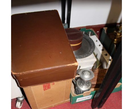 A boxed Photomatic Projector, together with pewter plate, carved box, pewter flagon etc