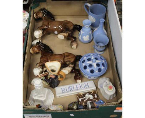 A box of miscellaneous items, to include a pair of Beswick cantering Shire horses, model No.975, brown gloss finish; a Royal 