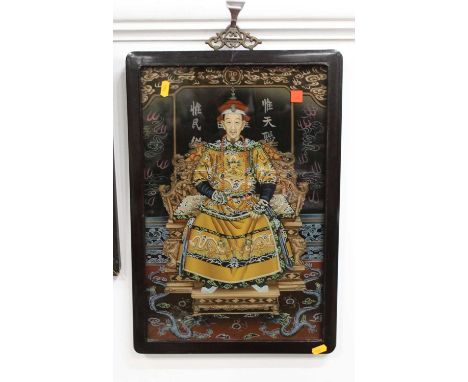 A reproduction Chinese full length portrait of a seated emperor, reverse painted on glass, 47x30cm; together with two others 