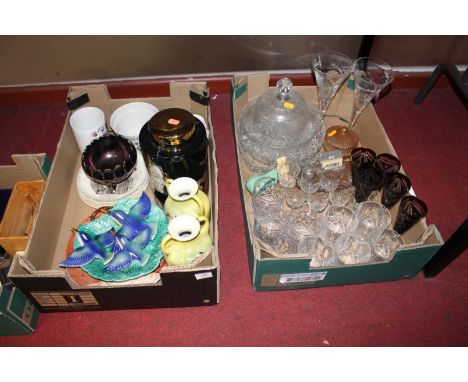 Two boxes of miscellaneous items to include a set of three graduated wall plaques each in the form of a kingfisher, the large