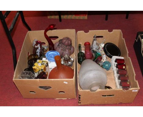 Two boxes of miscellaneous items, to include a Kosta Boda Cool Moons black vase designed by Anna Ehrner, pink bubble glass ce
