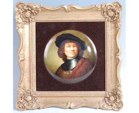 Alan R Telford - Head and shoulders portrait after Rembrandt, polychrome enamel on convex porcelain plaque, signed and dated 