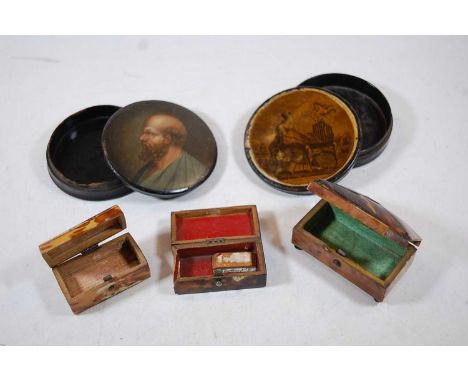 A 19th century papier mache snuff box, the removable cover painted with a profile portrait of a gentleman, dia. 9cm; together