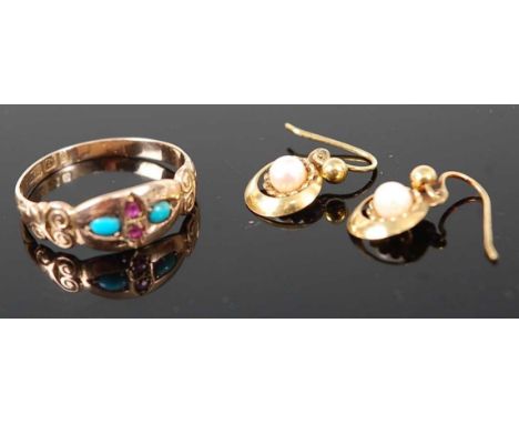 A vintage 9ct gold, ruby and turquoise set lady's dress ring, 1.6g, size N; together with a pair of yellow metal and seed pea