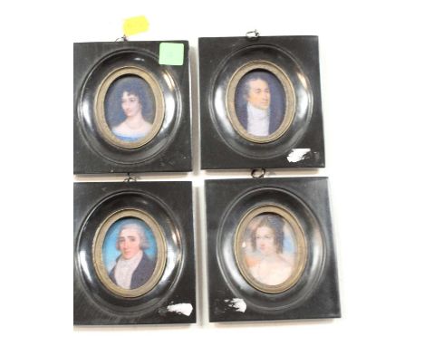 A set of four reproduction portrait miniatures, each in ebonised frame, frame dimensions 11 x 10cm