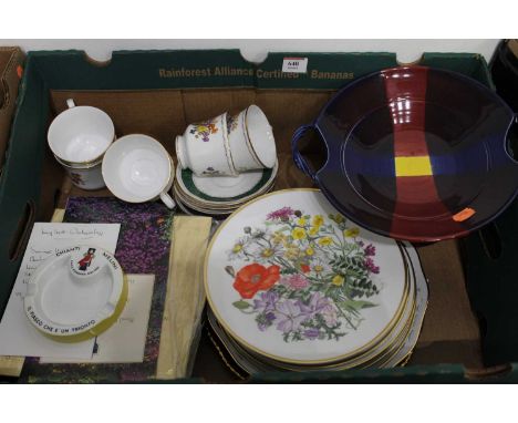 A box containing a collection of various ceramics to include a Marlingford pottery cakestand, a collection of collectors' pla