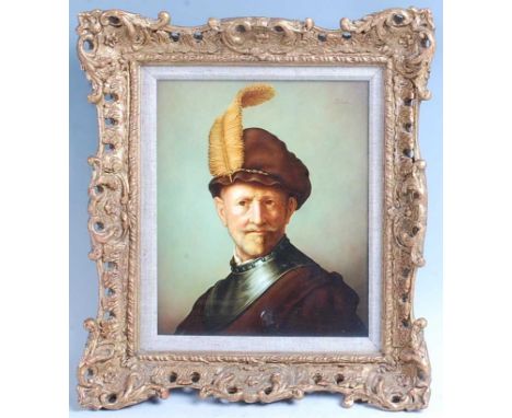 Alan R Telford - An officer, after Rembrandt, polychrome enamel on porcelain plaque, signed upper right and with studio backs