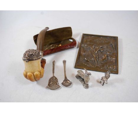 A Victorian walnut and brass bound box and contents to include a bronzed allegorical plaque, pair of yellow metal folding spe