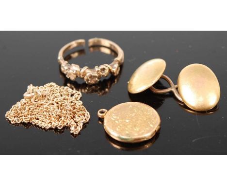 A single 15ct gold cufflink, 2.5g; together with a 9ct gold finelink neck chain; a yellow metal picture locket; and a dress r