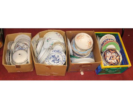 Four boxes of miscellaneous Victorian and later china, to include Wedgwood scallop dishes, Worcester blue and white dinnerwar