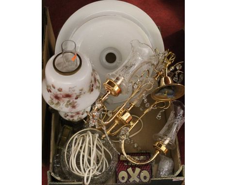 A box containing a floral painted oil lamp, chandelier, etc